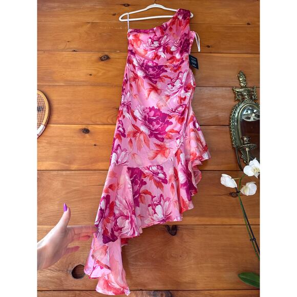 NWT Lulus Divinely Blooming Pink Multi Floral One-Shoulder Midi Dress Cruise L - Picture 5 of 9